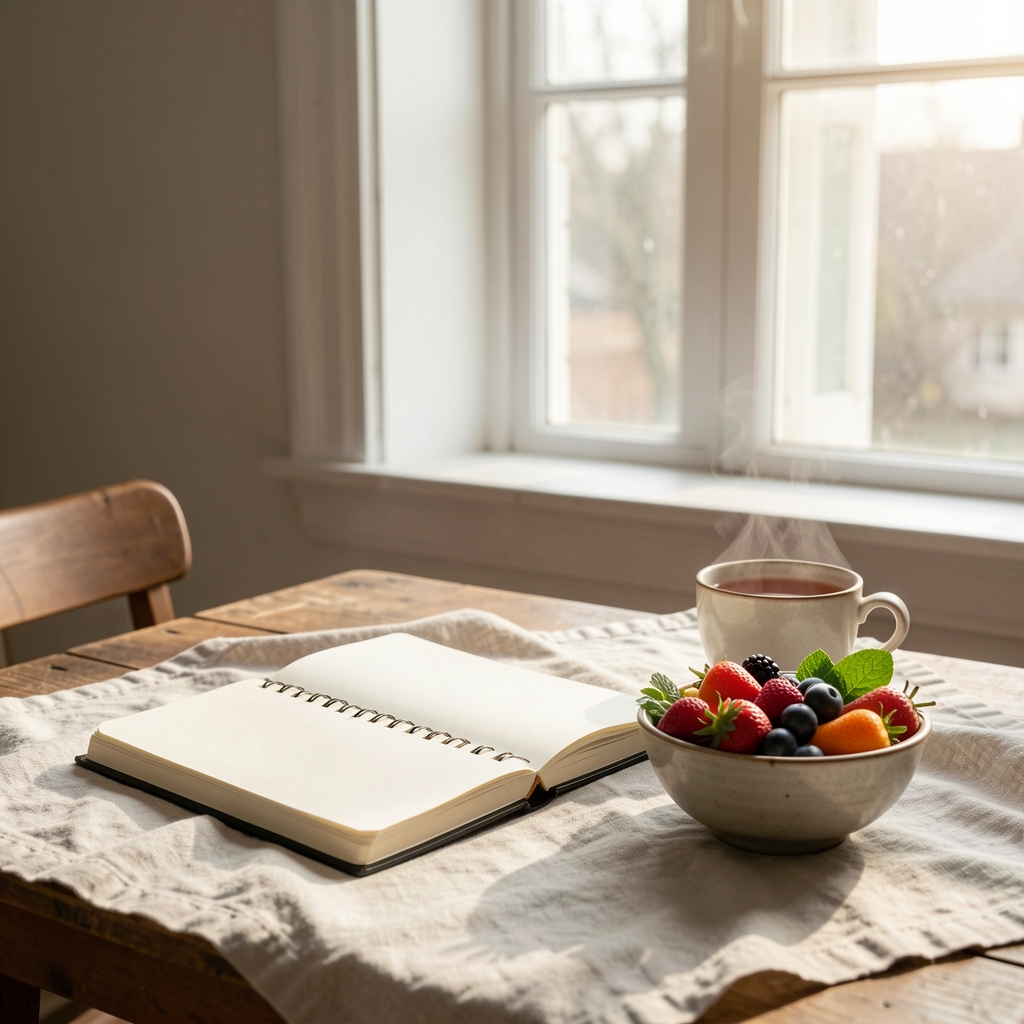 Notebook and seasonal produce arranged on a pale linen cloth, a writer's workspace with morning light, quiet editorial composition